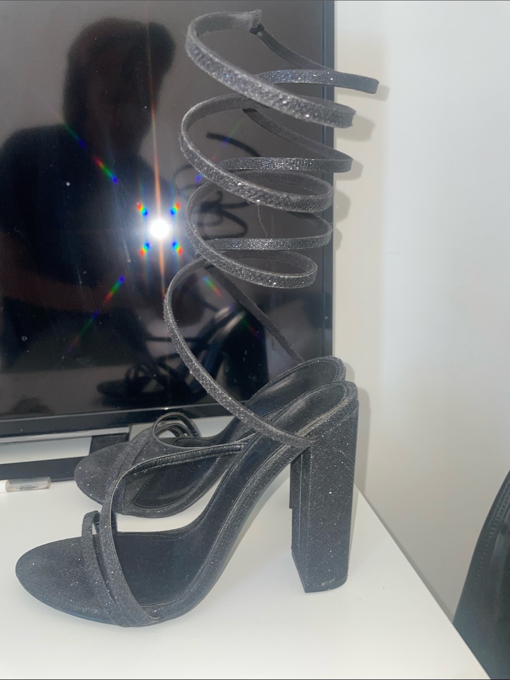 refuge Black Glitter Wrap-Around Block Heels - Picture 2 of 3